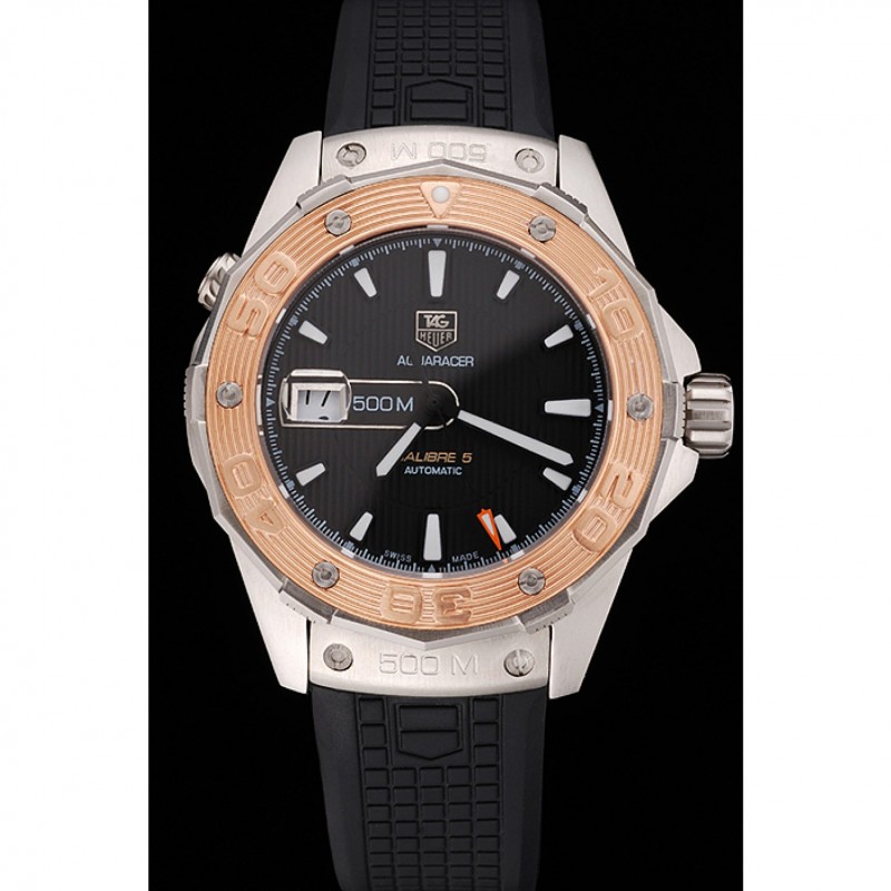 Cheap Swiss Tag Heuer Aquaracer Calibre 5 Black Dial Gold Bezel Stainless Steel Case Black Rubber Strap-1