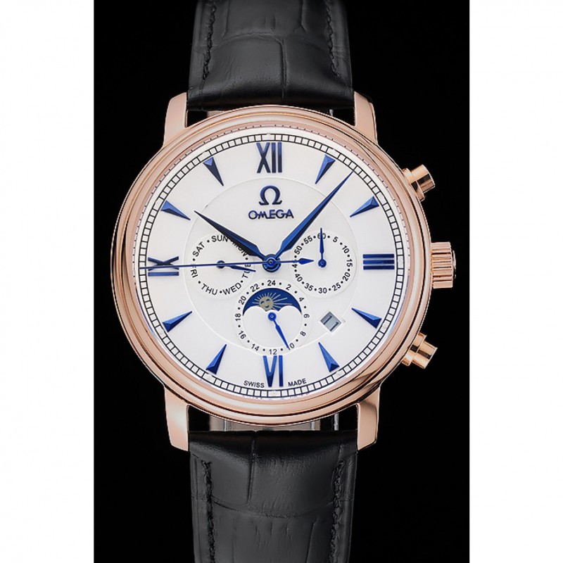 Best Replica Watches Omega De Ville Moonphase White Dial Rose Gold Case Black Leather Bracelet 1454227-1
