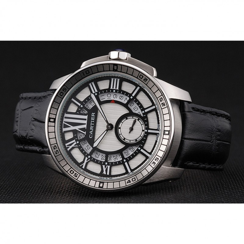 High Quality Replica Watches Cartier Calibre De Cartier Small Seconds Black And White Dial Stainless Steel Case Black Leather Strap-3