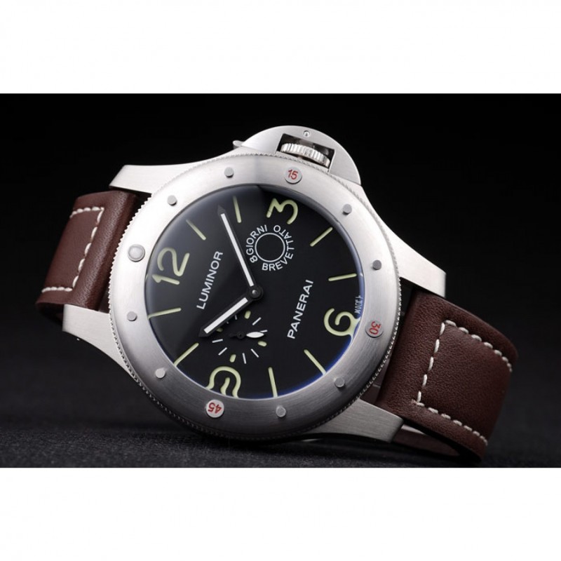 Panerai Luminor Brushed Stainless Steel Case Black Dial Dark Brown Leather Strap-4