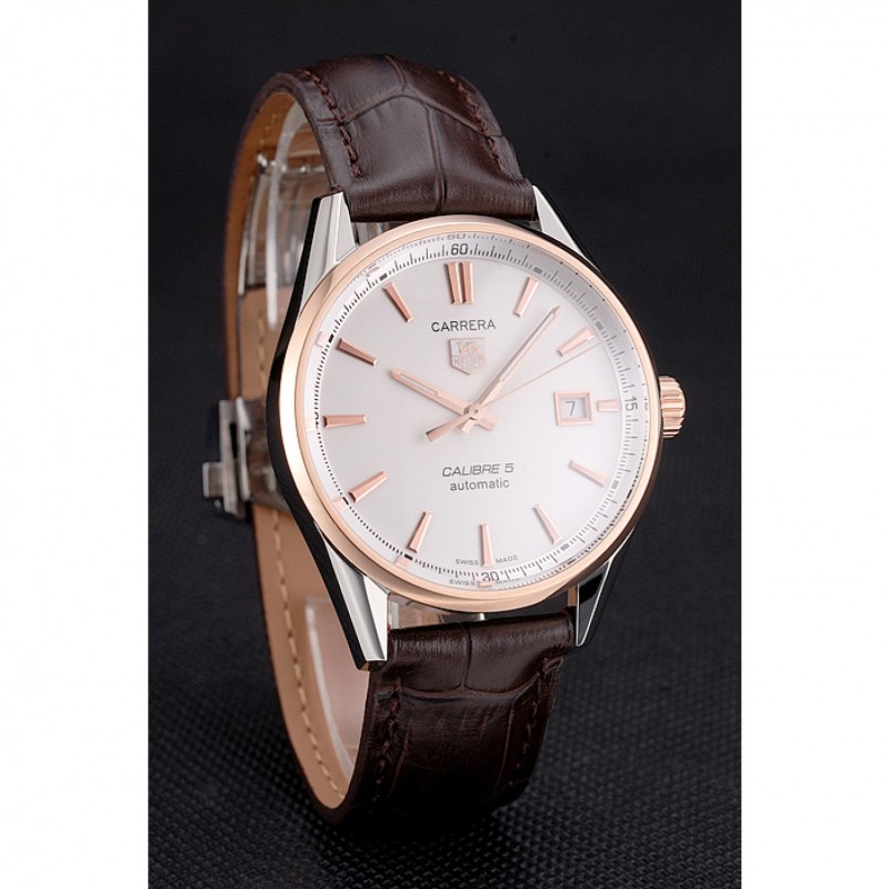 High Quality Replica Watches Swiss Tag Heuer Carrera Calibre 5 White Dial Rose Gold Case Brown Leather Strap-2
