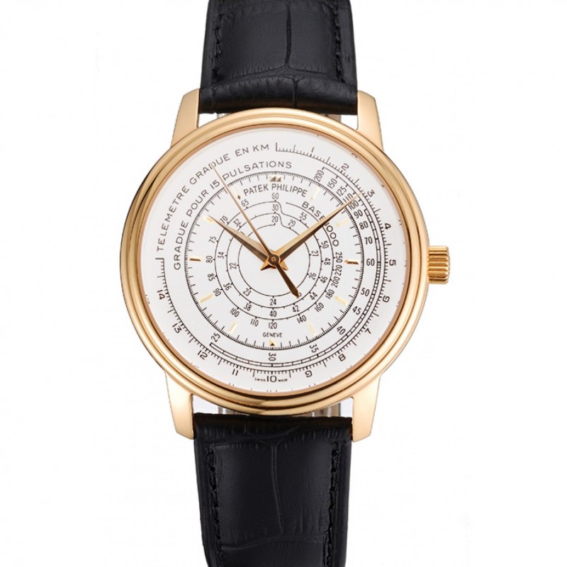 Best Replica Watches Swiss Patek Philippe Multi-Scale Chronograph White Dial Gold Case Black Leather Strap-0
