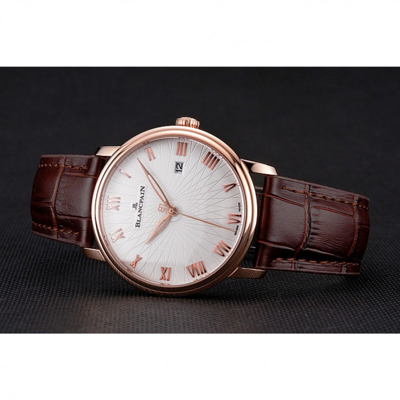 SS Blancpain Villeret Ultra Slim White Groved Dial Gold Numerals Rose Gold Case Brown Leather Strap-3