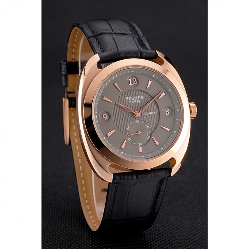 Hermes Dressage Light Brown Dial Rose Gold Case Black Leather Strap-2
