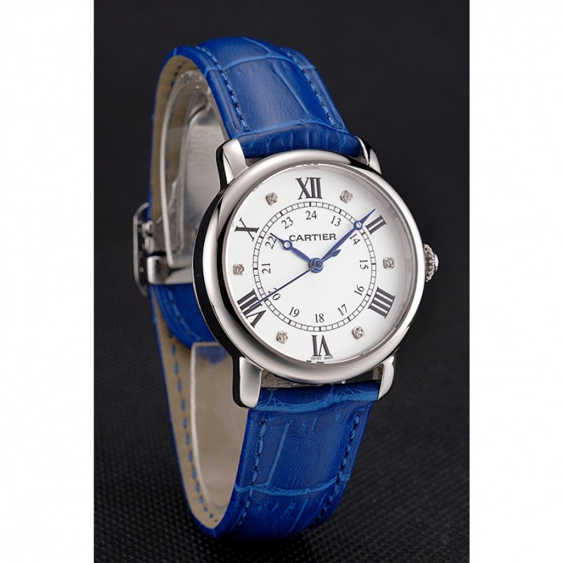 Cartier Ronde White Dial Diamond Hour Marks Stainless Steel Case Blue Leather Strap-2