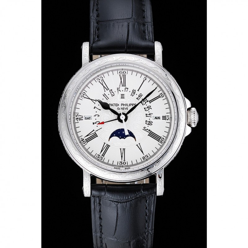 Patek Philippe Perpetual Calendar Retrograde Date White Dial Engraved Silver Case Black Leather Bracelet 1454147-1