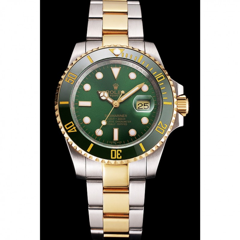 SS Replica Watches Swiss Rolex Submariner Green Dial And Bezel Two Tone Steel Gold Bracelet-1