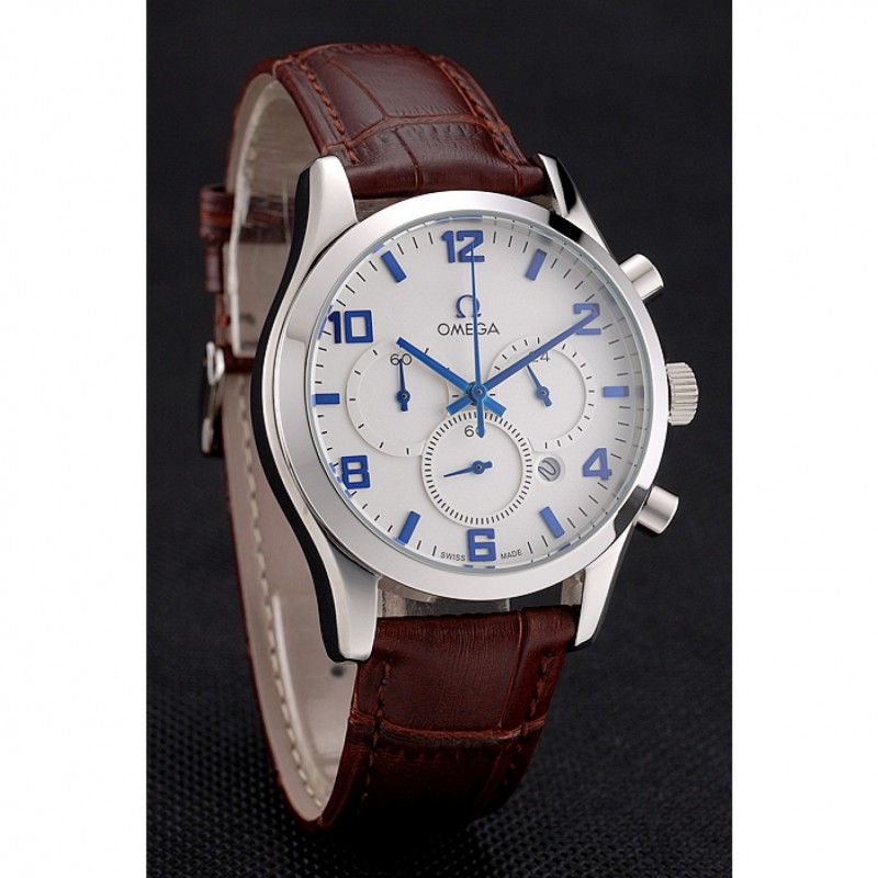 Omega Chronograph White Dial Blue Numerals Stainless Steel Case Brown Leather Strap-2