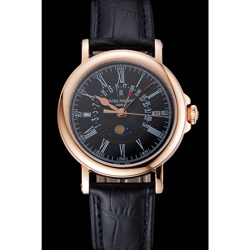 Patek Philippe Perpetual Calendar Retrograde Date Black Dial Rose Gold Case Black Leather Bracelet 1454150-1