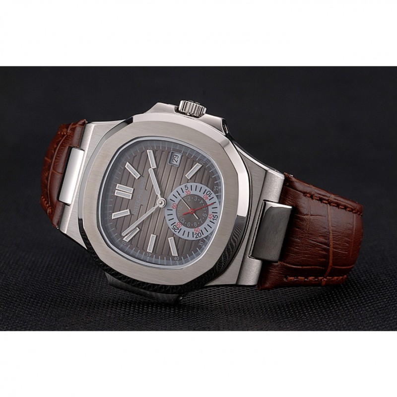 High Quality Patek Philippe Nautilus Gray Dial Stainless Steel Case Brown Leather Strap-4