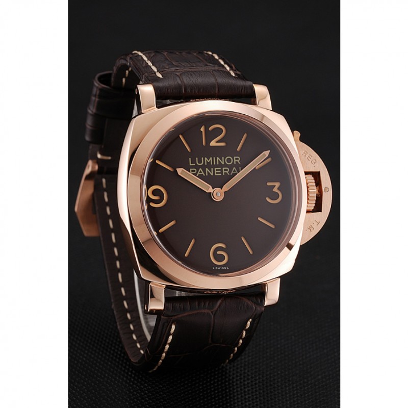 Swiss Panerai Luminor Brown Dial Rose Gold Case Brown Leather Strap 1453841-2