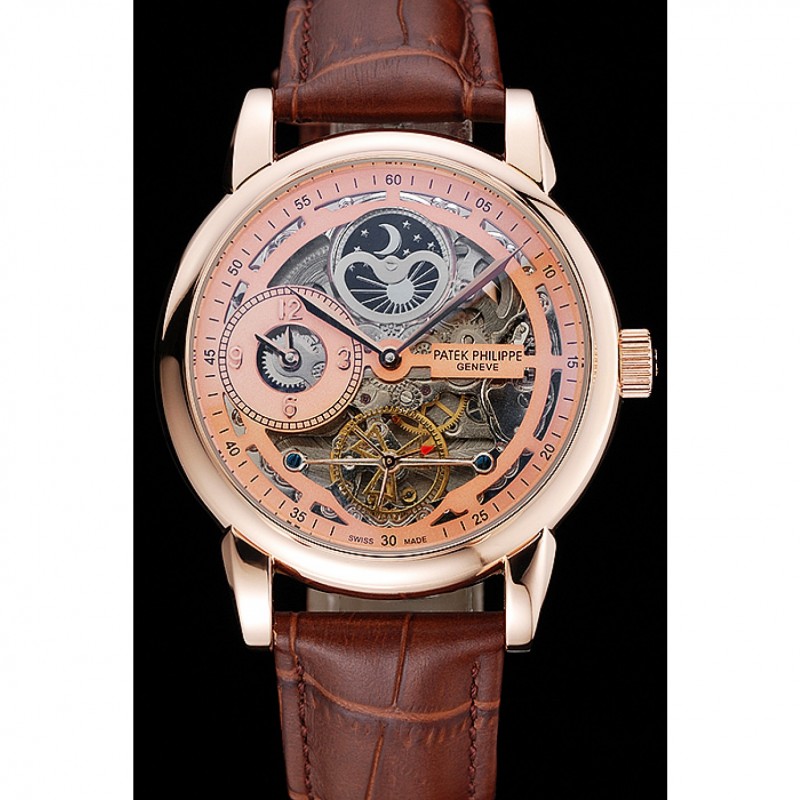High Quality Patek Philippe Dual Time Moonphase Tourbillon Gold Skeletonised Dial Rose Gold Case Brown Leather Strap-1