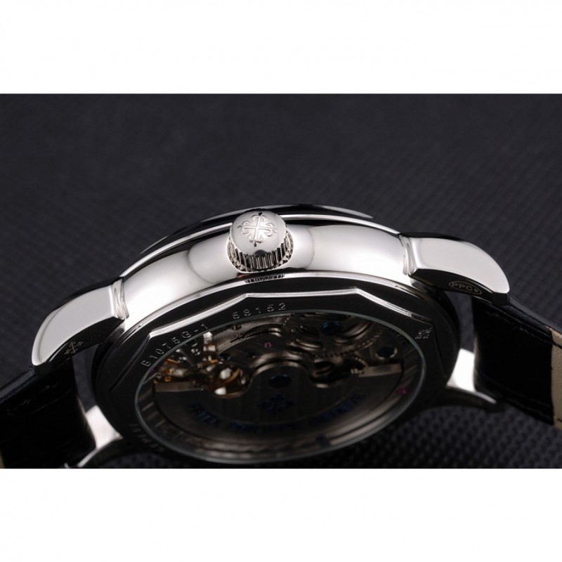 Patek Philippe Dual Time Moonphase Tourbillon Black Skeletonised Dial Stainless Steel Case Black Leather Strap-6