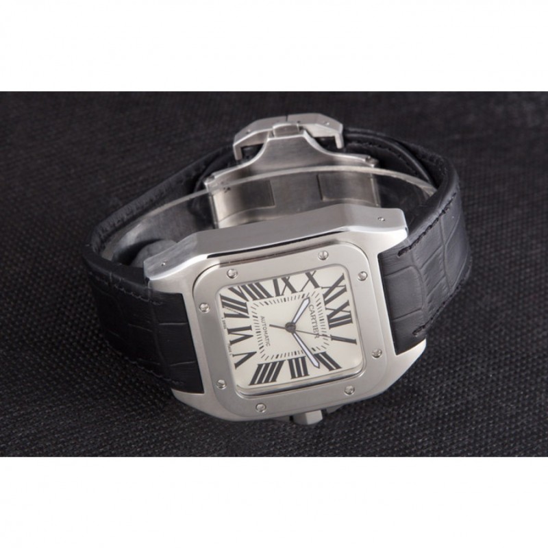 Swiss Cartier Santos Stainless Steel Bezel with Black Leather Strap 621524-3
