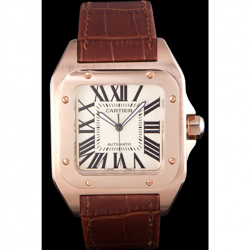 Swiss Cartier Santos Rose Gold with Brown Leather Strap 621522-1