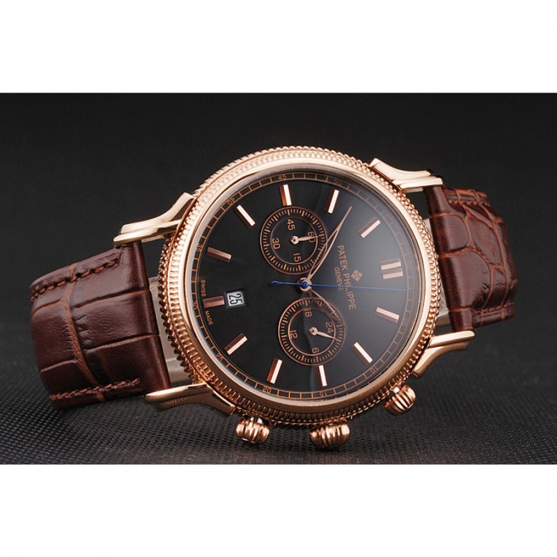 Patek Philippe Chronograph Black Dial Rose Gold Case Brown Leather Strap-4