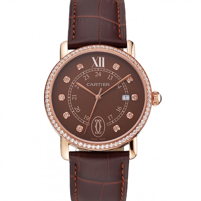 AAA Replica Watches Cartier Ronde Solo Brown Dial Diamond Hour Marks And Bezel Rose Gold Case Brown Leather Strap-0