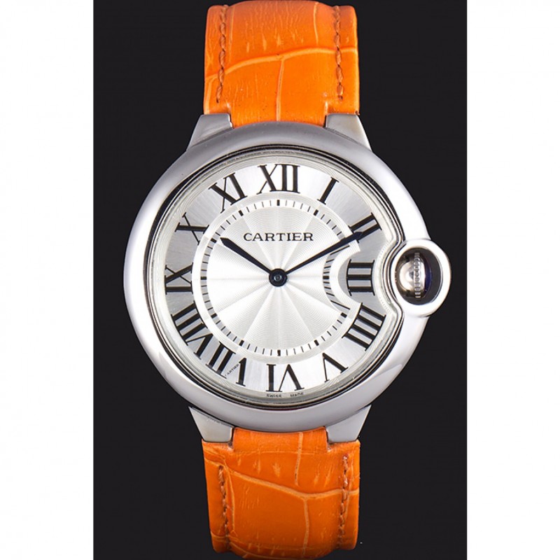 Cartier Ballon Bleu Silver Bezel with White Dial and Orange Leather Band 621550-1