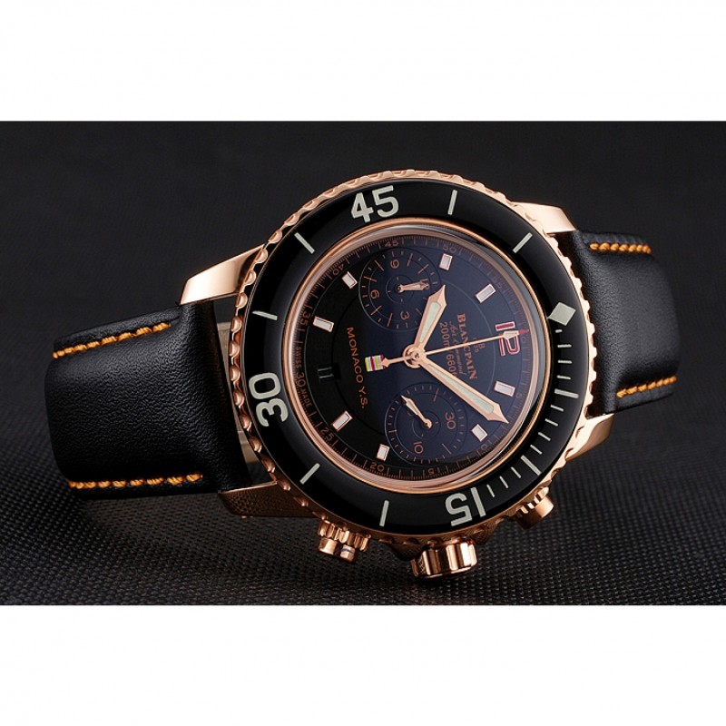 High Quality Swiss Blancpain Air Command Monaco YS Black Dial Rose Gold Case Black Leather Strap-4