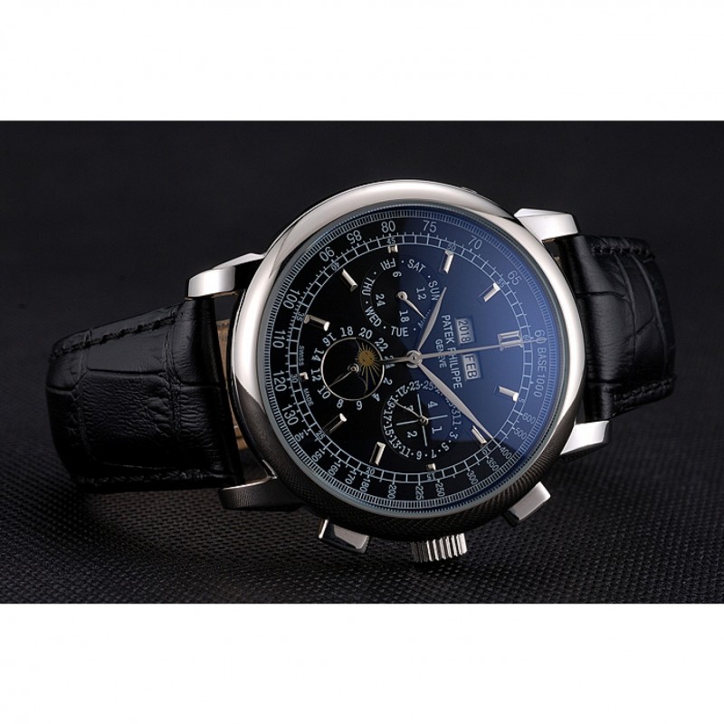 Best Patek Philippe Grand Complications Black Dial Black Leather Bracelet-3