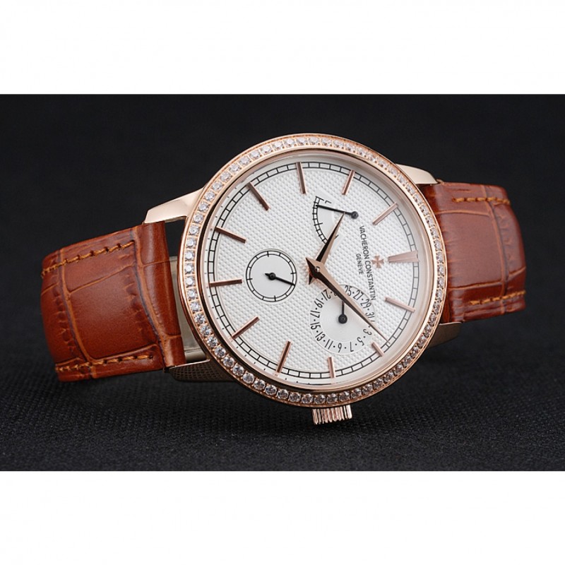 Vacheron Constantin Patrimony Power Reserve White Dial Gold Diamond Case Brown Leather Bracelet 1454268-4