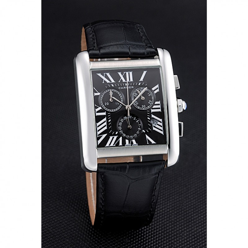 High Quality Replica Watches Cartier Tank MC Black Dial Stainless Steel Case Black Leather Bracelet 622690-2