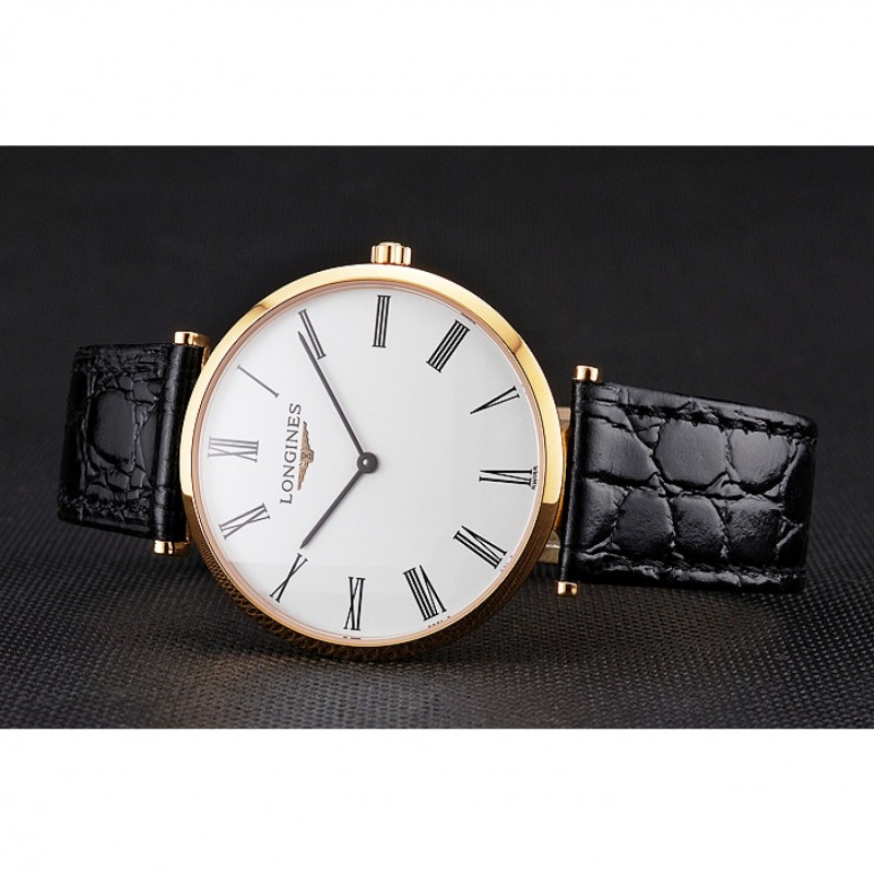 Best Swiss Longines Grande Classique White Dial Roman Numerals Gold Case Black Leather Strap-4