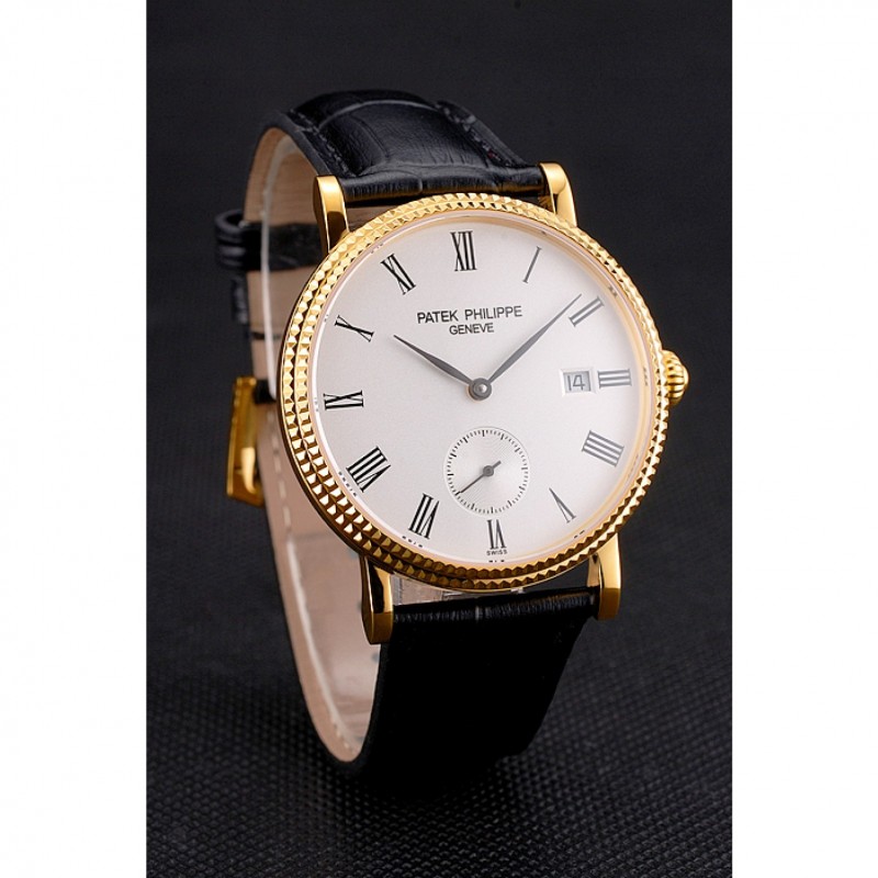 Swiss Patek Philippe Calatrava White Dial Gold Case Fluted Bezel Black Leather Strap-2