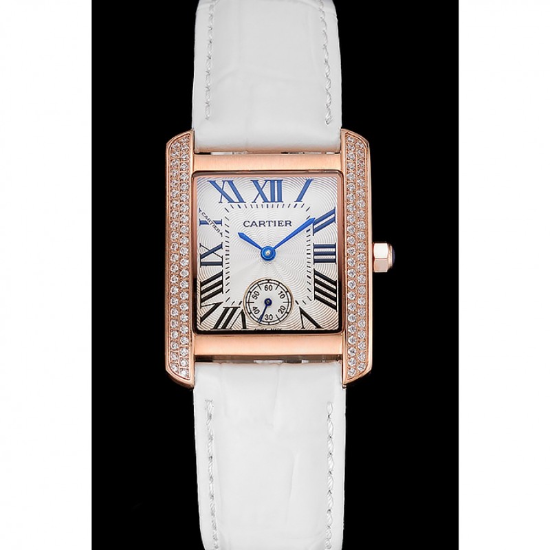 Cartier Tank MC Gold Diamond Case White Dial White Leather Strap 622169-1