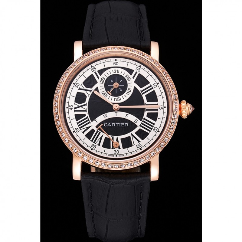 High Quality Replica Watches Cartier Rotonde Black And White Dial Gold Case With Jewels Black Leather Strap 622758-1
