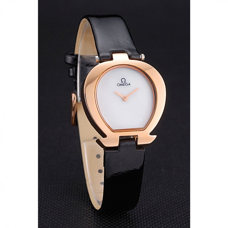 Omega Ladies Watch White Dial Gold Case Black Leather Strap 622820-2