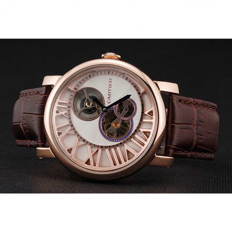 Cartier Rotonde De Cartier Flying Tourbillon White Dial Rose Gold Numerals Rose Gold Case Brown Leather Strap-3