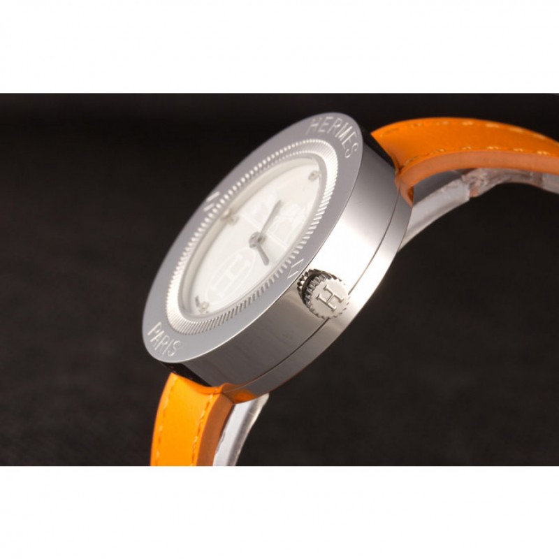 Hermes Classic MOP Dial Orange Leather Bracelet 801390-6
