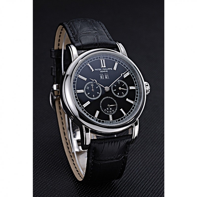 Patek Philippe Geneve Grand Complications Black Dial Stainless Steel Bezel Black Leather Band 622153-2