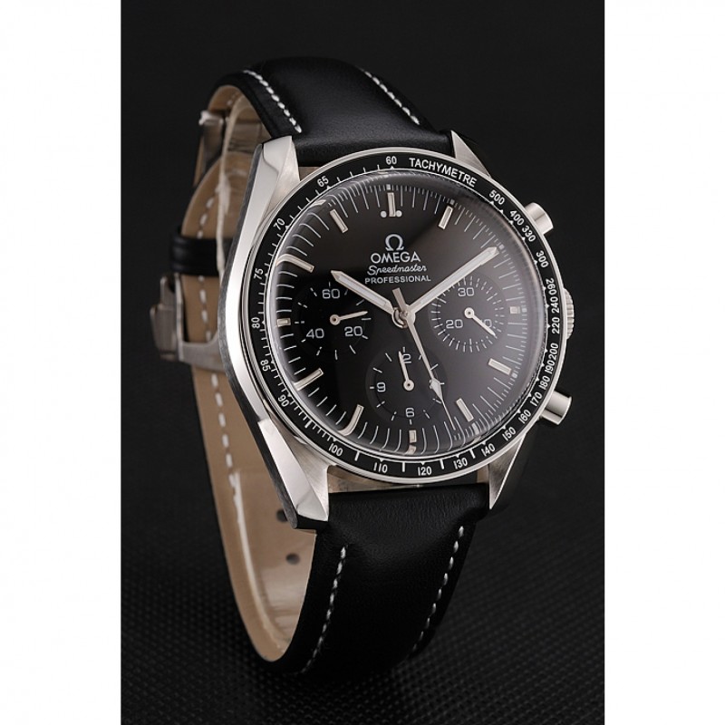 Swiss Omega Speedmaster Professional Black Dial Black Leather Bracelet 1453936-1