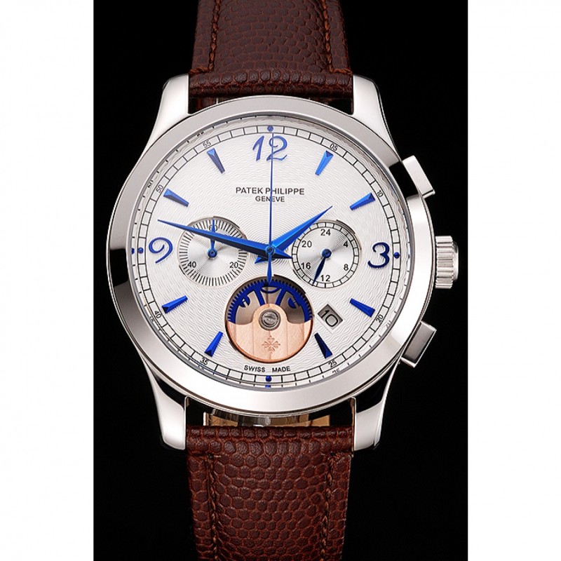 Cheap Patek Philippe Chronograph White Guilloche Dial Blue Hands Stainless Steel Case Brown Leather Strap-1