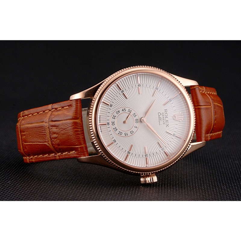 Swiss Rolex Cellini White Dial Rose Gold Case Light Brown Leather Strap-3