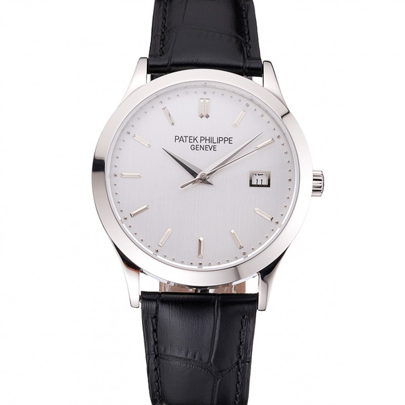 Swiss Patek Philippe Calatrava Silver Dial Stainless Steel Case Black Leather Strap-0