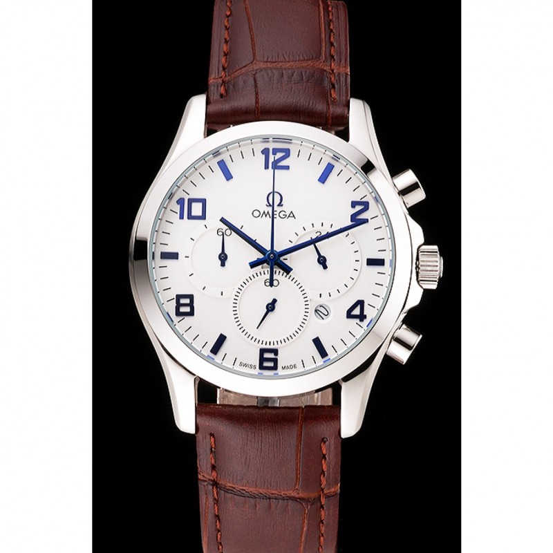 Omega Chronograph White Dial Blue Numerals Stainless Steel Case Brown Leather Strap-1