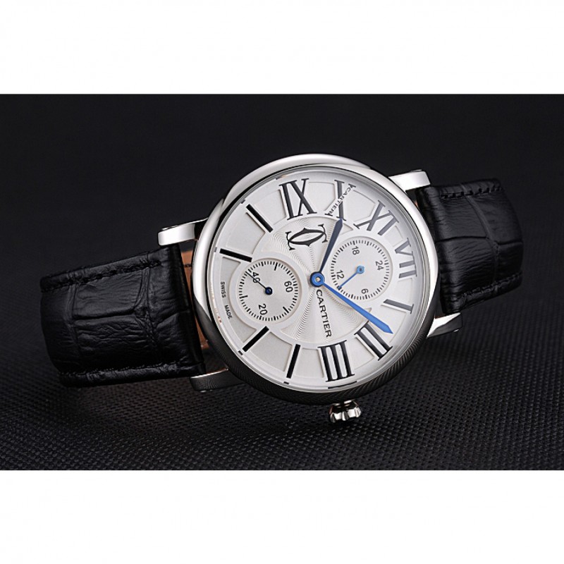 Cartier Ronde Second Time Zone White Dial Stainless Steel Case Black Leather Strap 622798-4