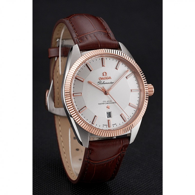 Omega Globemaster Silver Dial Rose Gold Bezel Stainless Steel Case Brown Leather Strap-2
