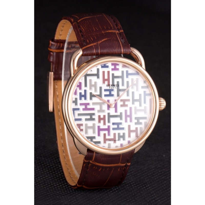 Hermes Classic Croco Leather Strap Multicolor Patterned Logo Dial 801402-3