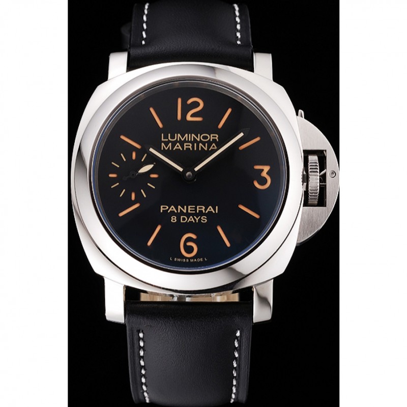 High Quality Panerai Luminor Marina 8 Days Black Dial Stainless Steel Case Black Leather Strap-1