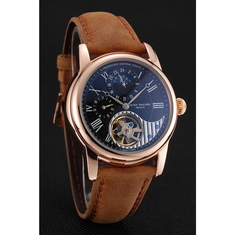 Best Replica Watches Patek Philippe Grand Complications GMT Moonphase Tourbillon Black Dial Rose Gold Case Brown Suede Leather Strap 1453821-2