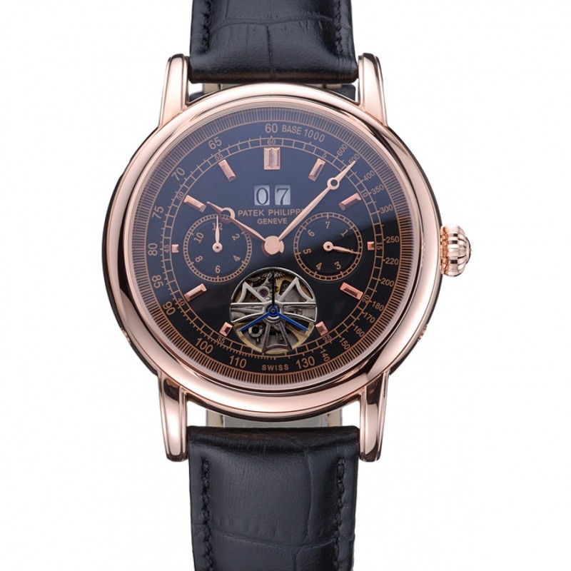 Patek Philippe Geneve Grand Complications Black Dial Tourbillon Rose Gold Bezel Black Band 622157-0