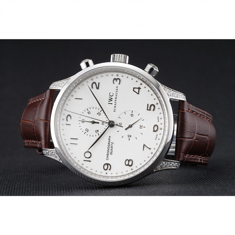 Luxury Replica Watches IWC Portugieser Chronograph White Dial Steel Hands And Numerals Steel Case With Diamonds Brown Leather Strap-4