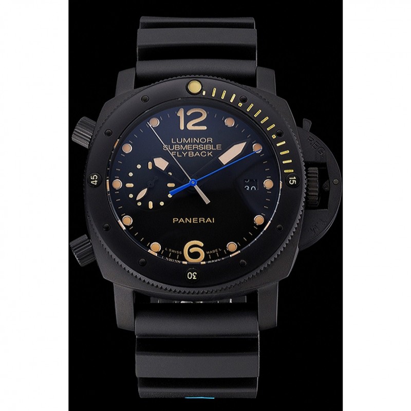 Panerai Luminor Submersible Flyback Date Black Dial Yellow Markings Black Ionized Case Black Rubber Strap-1