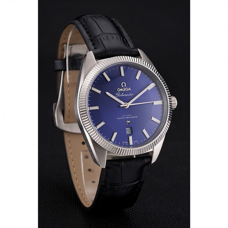 Omega Globemaster Blue Dial Stainless Steel Case Black Leather Strap-2
