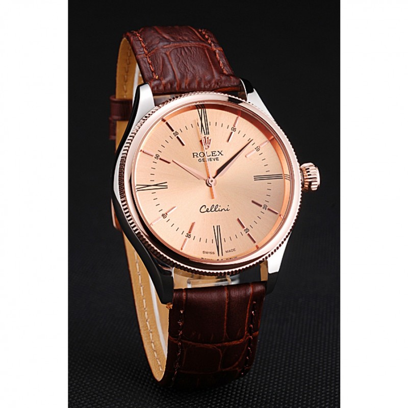 Rolex Cellini Gold Dial And Bezel Stainless Steel Case Brown Leather Strap 622840-2