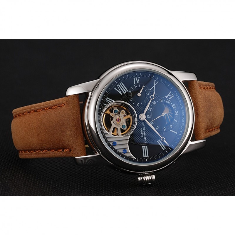 Patek Philippe Grand Complications GMT Moonphase Tourbillon Black Dial Stainless Steel Case Brown Suede Leather Strap 1453822-3